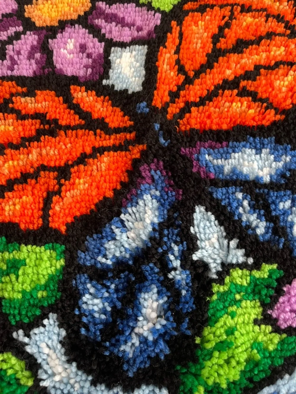 Vintage Handmade Floral Butterfly Latch Hook Wall Hanging - Orange, Blue, Purple